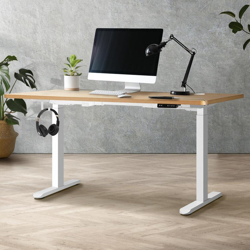 Oikiture Standing Desk Dual Motor Adjustable Motorised White&Oak 150cm