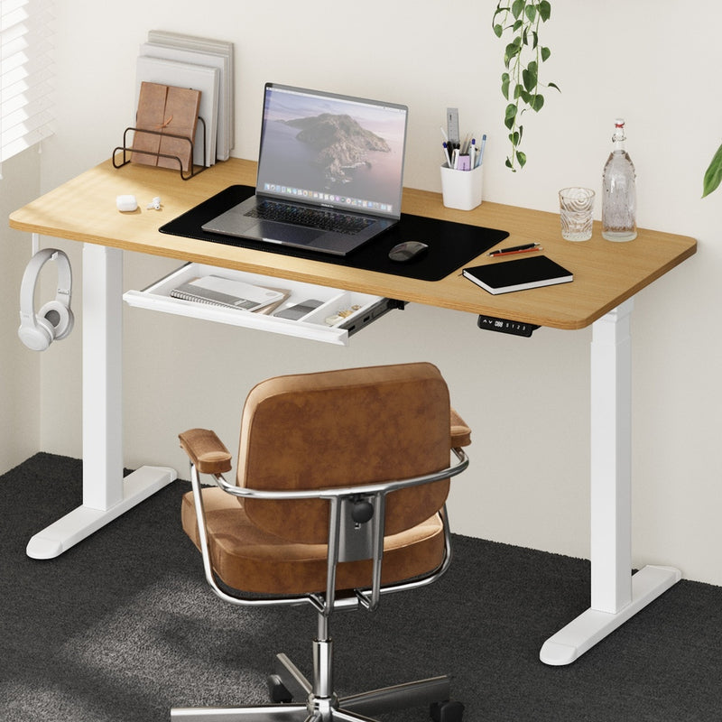 Oikiture 150cm Electric Standing Desk with Drawer Adjustable White Oak