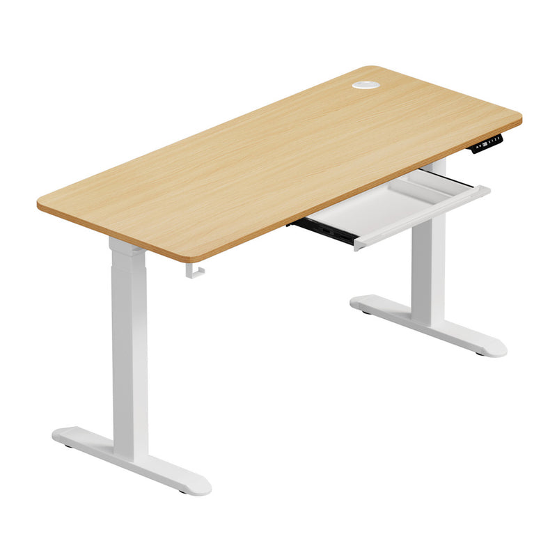 Oikiture 150cm Electric Standing Desk with Drawer Adjustable White Oak