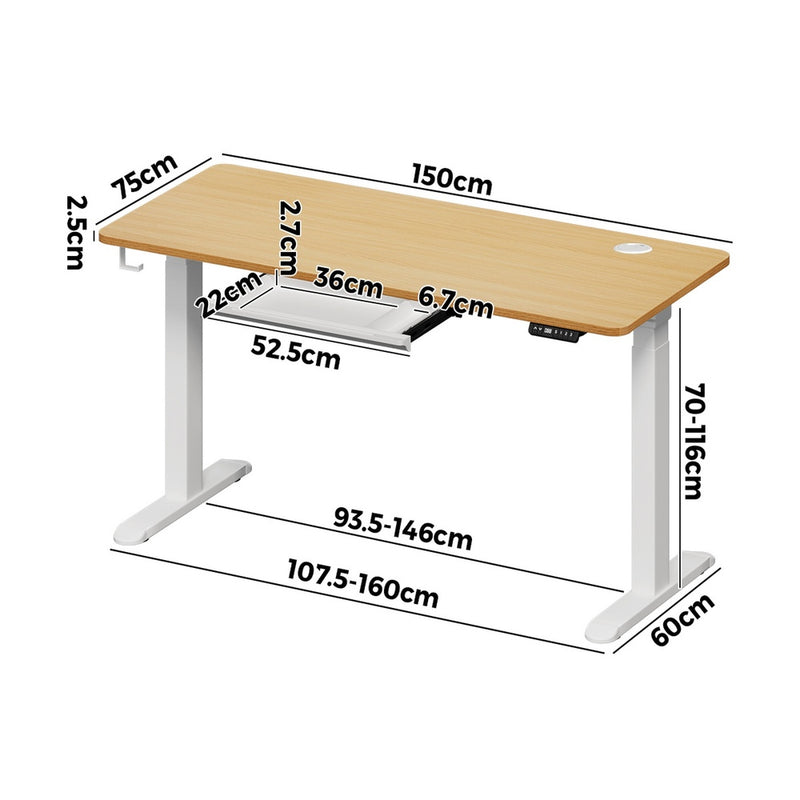 Oikiture 150cm Electric Standing Desk with Drawer Adjustable White Oak