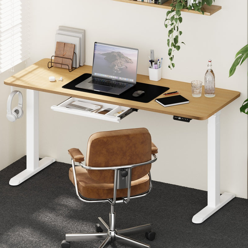 Oikiture 160cm Electric Standing Desk with Drawer Adjustable White Oak