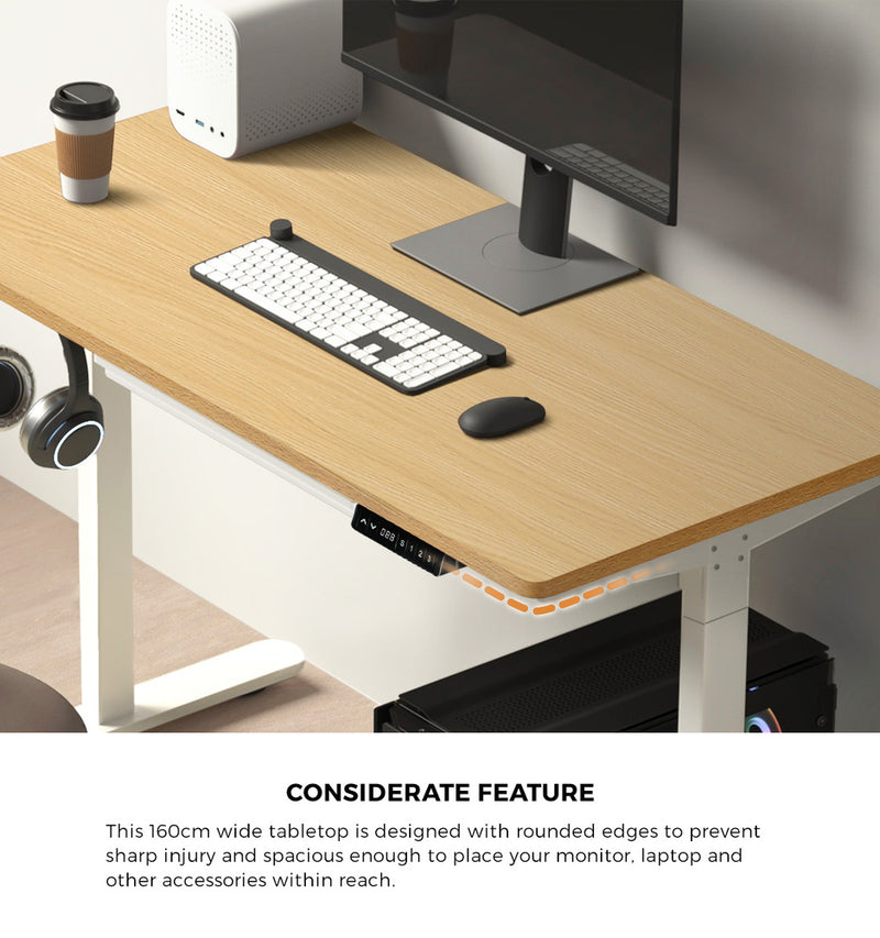Oikiture 160cm Electric Standing Desk with Drawer Adjustable White Oak