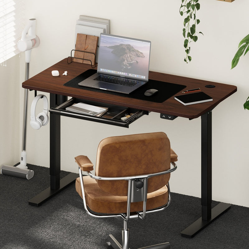 Oikiture 150cm Electric Standing Desk with Drawer Adjustable Black & Walnut