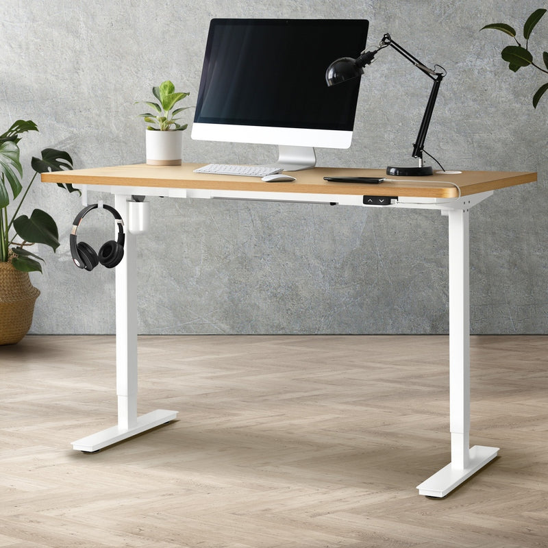 Oikiture Electric Standing Desk Single Motor White&Oak 140cm