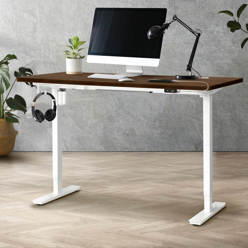 Oikiture Electric Standing Desk Single Motor White&Walnut 140cm