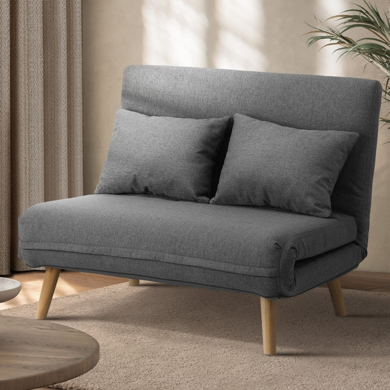 Oikiture Lounge Sofa Bed Linen Fabric Double Seat Grey