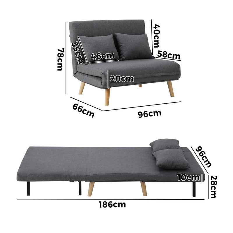 Oikiture Lounge Sofa Bed Linen Fabric Double Seat Grey