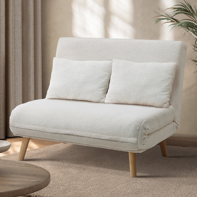 Oikiture Lounge Sofa Bed Sherpa Fabric Double Seat White