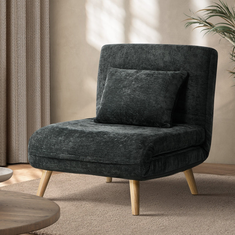 Oikiture Sofa Bed Chair Chenille Recliner Wooden Leg Single Charcoal
