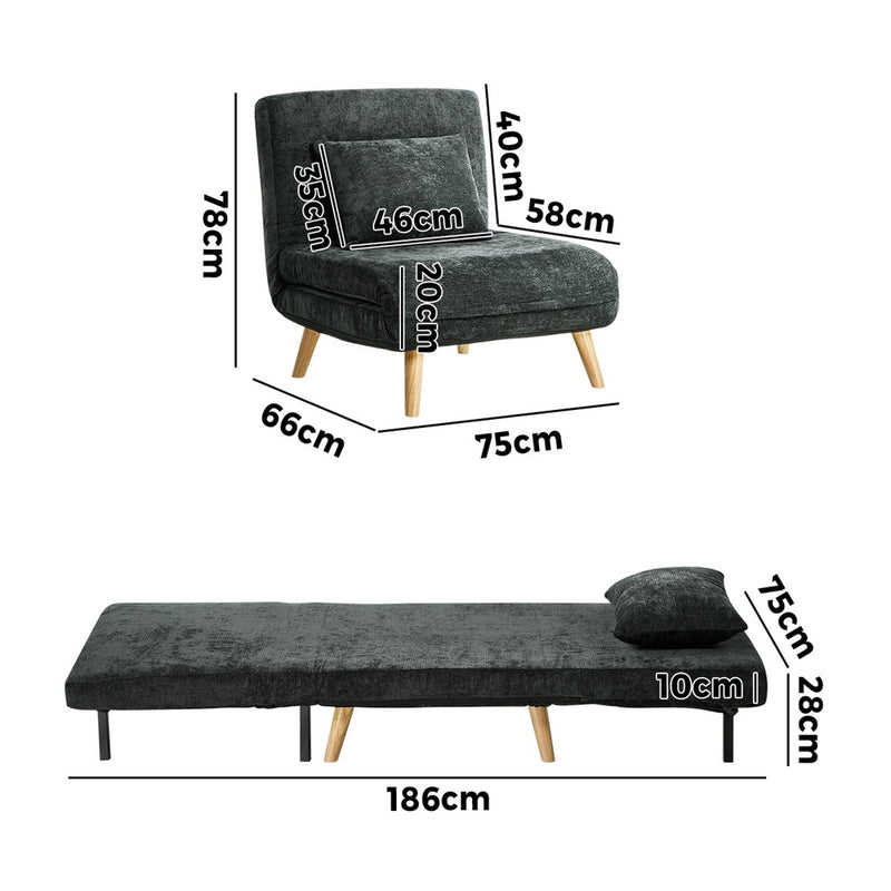 Oikiture Sofa Bed Chair Chenille Recliner Wooden Leg Single Charcoal