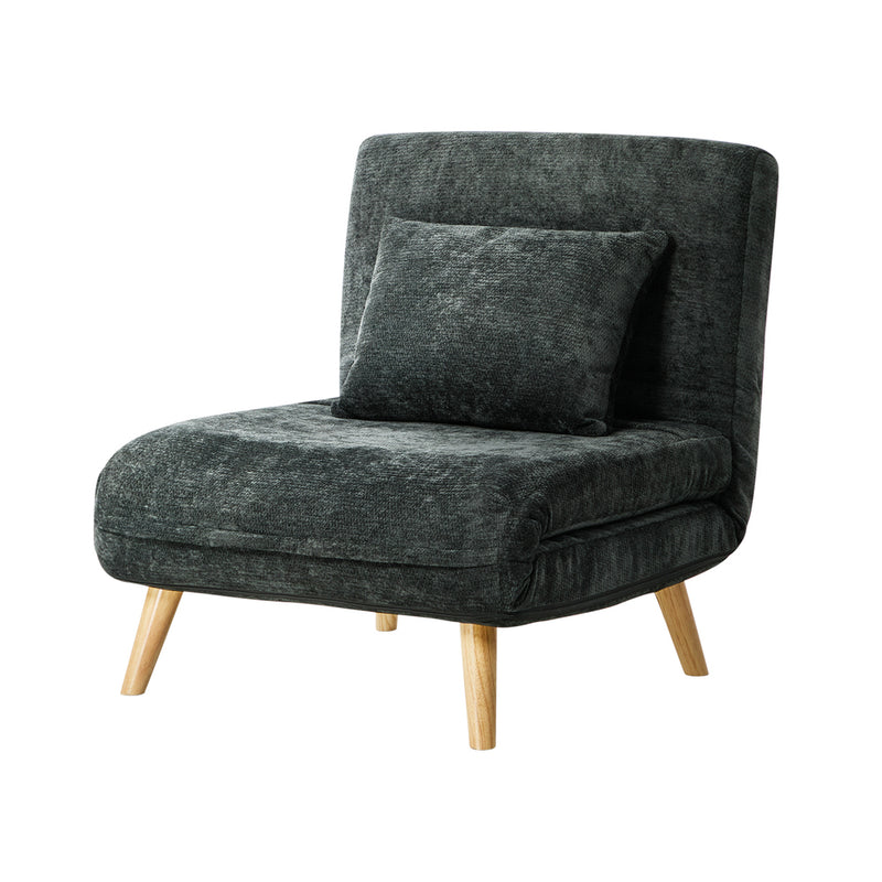Oikiture Sofa Bed Chair Chenille Recliner Wooden Leg Single Charcoal