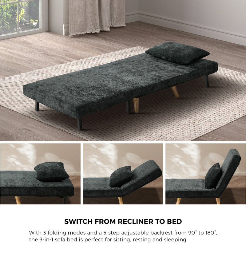 Oikiture Sofa Bed Chair Chenille Recliner Wooden Leg Single Charcoal