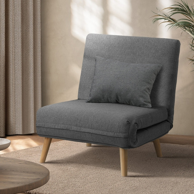 Oikiture Lounge Sofa Bed Linen Fabric Single Seat Grey