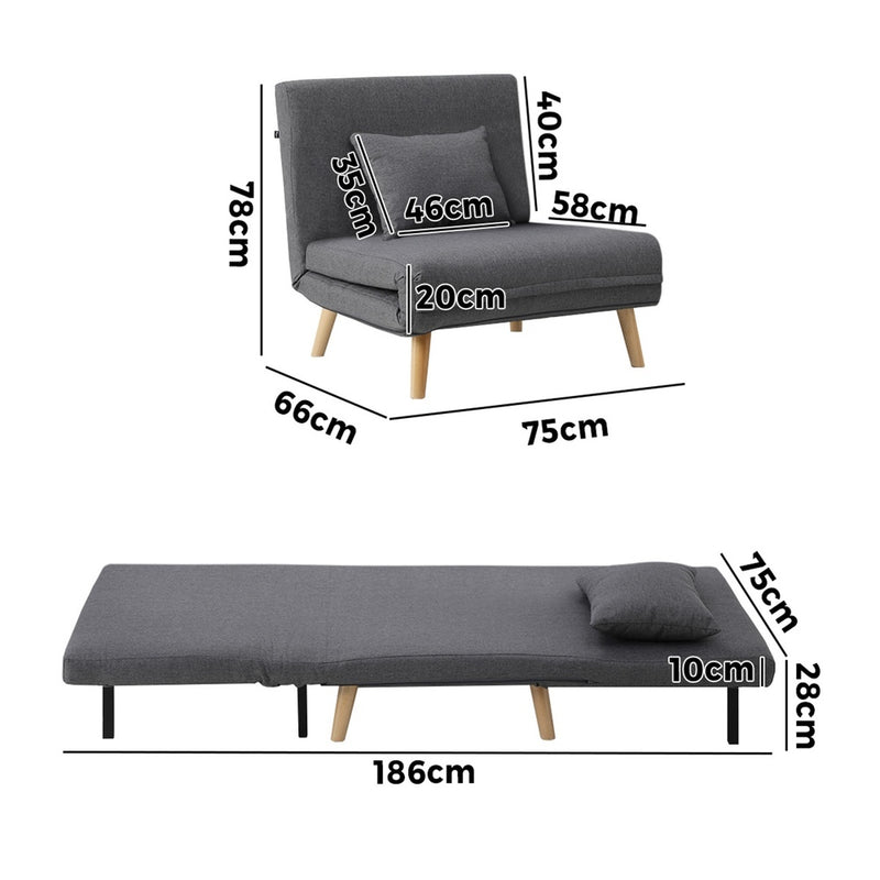 Oikiture Lounge Sofa Bed Linen Fabric Single Seat Grey