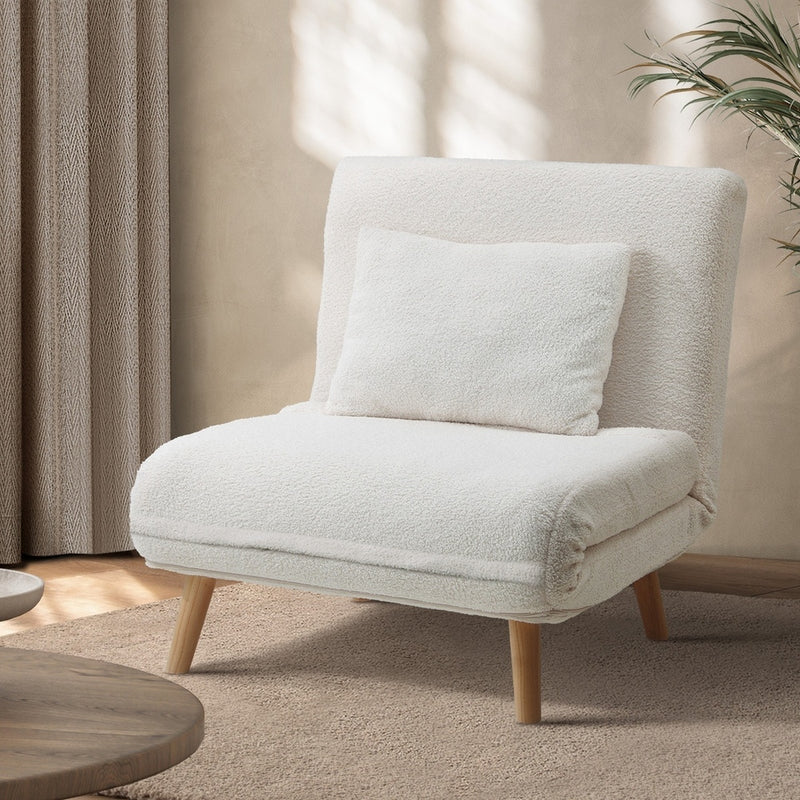 Oikiture Lounge Sofa Bed Sherpa Fabric Single Seat White