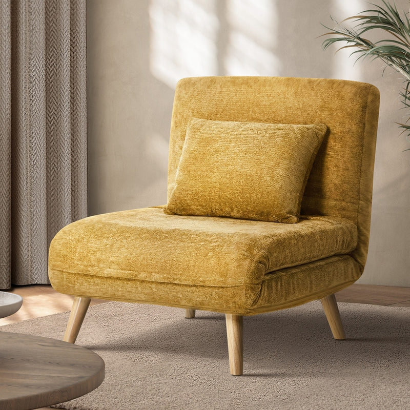 Oikiture Sofa Bed Chair Chenille Recliner Wooden Legs Single Yellow