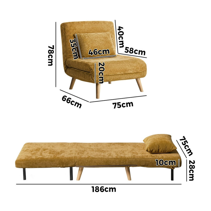 Oikiture Sofa Bed Chair Chenille Recliner Wooden Legs Single Yellow
