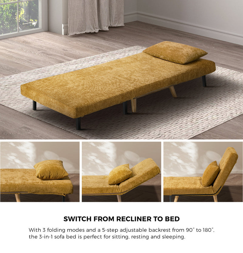 Oikiture Sofa Bed Chair Chenille Recliner Wooden Legs Single Yellow