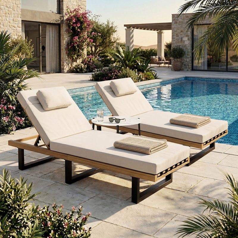 Livsip 2PCS Patio Sun Lounge with Table Set Beige