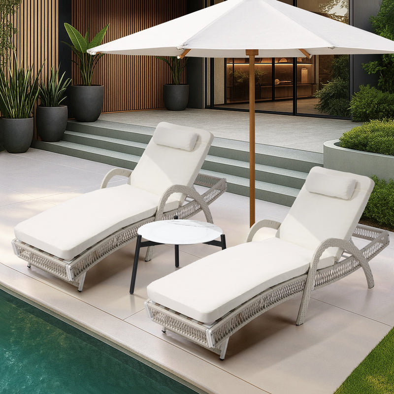 Livsip 3PCS Outdoor Sun Lounger Wicker Lounge Table Chairs Grey