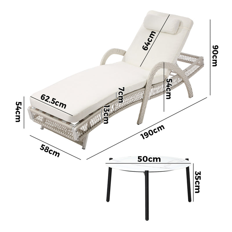 Livsip 3PCS Outdoor Sun Lounger Wicker Lounge Table Chairs Grey