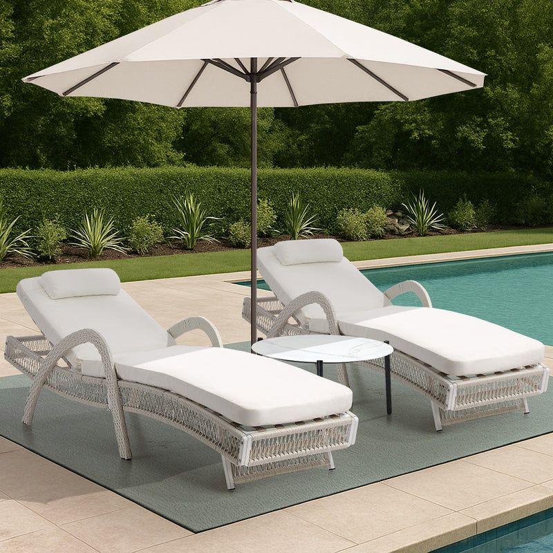 Livsip 3PCS Outdoor Sun Lounger Wicker Lounge Table Chairs Grey