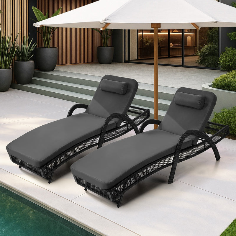 Livsip 2PCS Outdoor Sun Lounge Wicker Bed Patio Furniture Grey