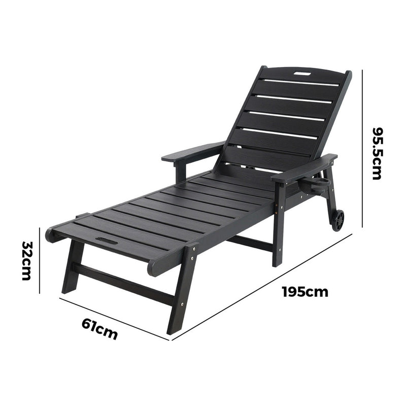 Livsip HDPE Sun Lounge Adjustable Outdoor Chair with Wheels Black