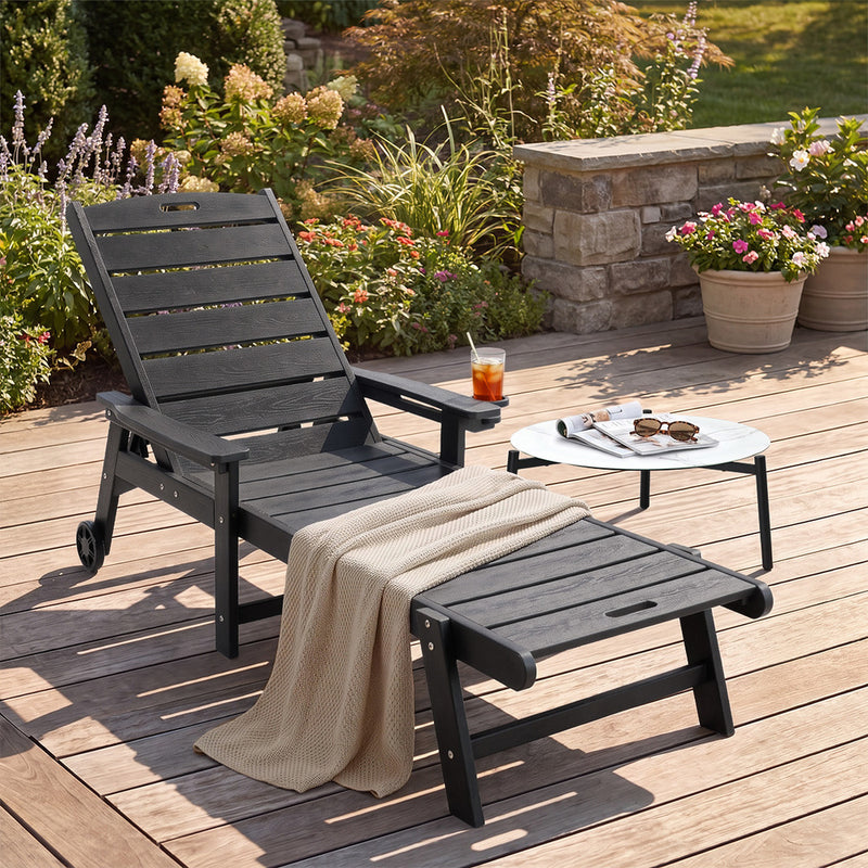Livsip HDPE Sun Lounge Adjustable Outdoor Chair with Wheels Black