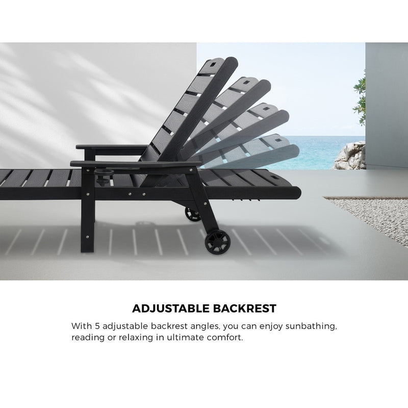 Livsip HDPE Sun Lounge Adjustable Outdoor Chair with Wheels Black