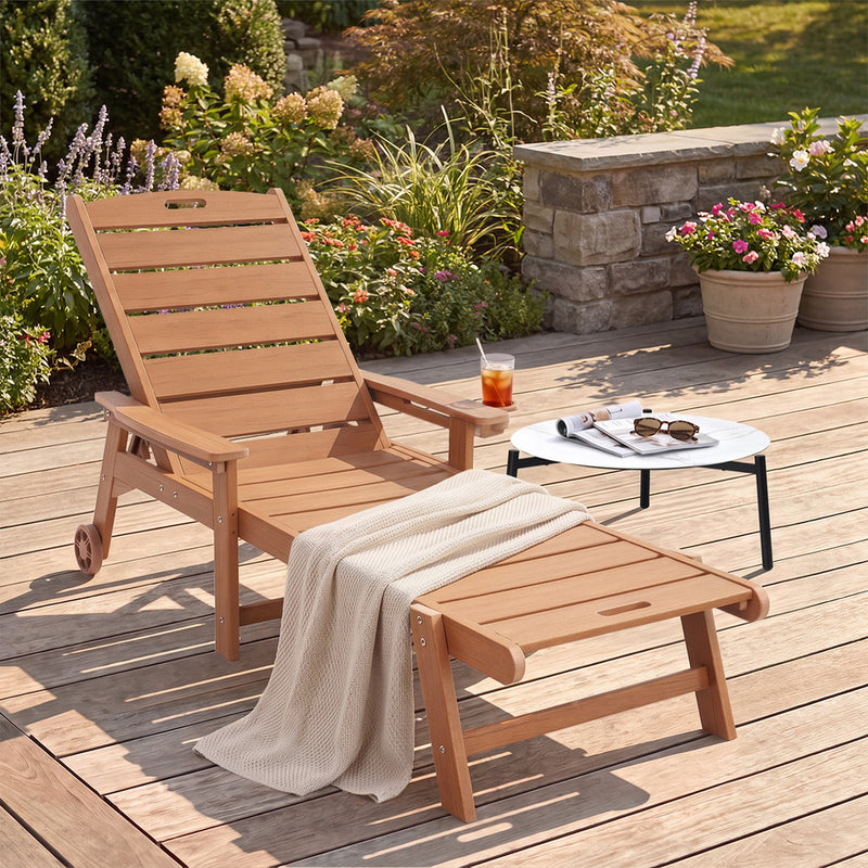 Livsip HDPE Sun Lounge Adjustable Outdoor Chair with Wheels Wood
