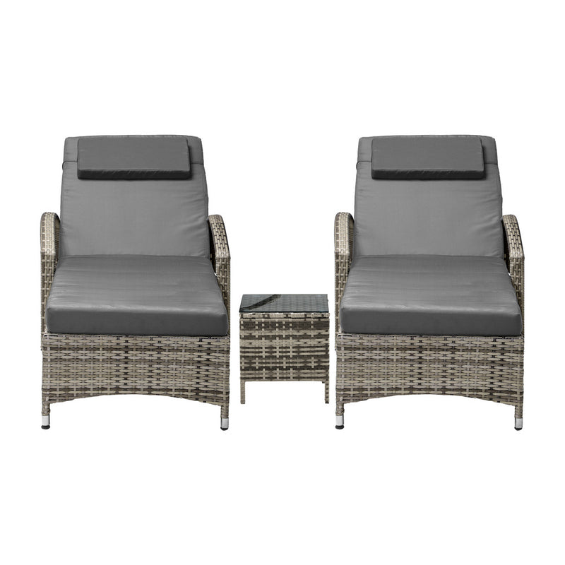 Livsip 2x Wheeled Sun Lounger & Table Outdoor Set Grey