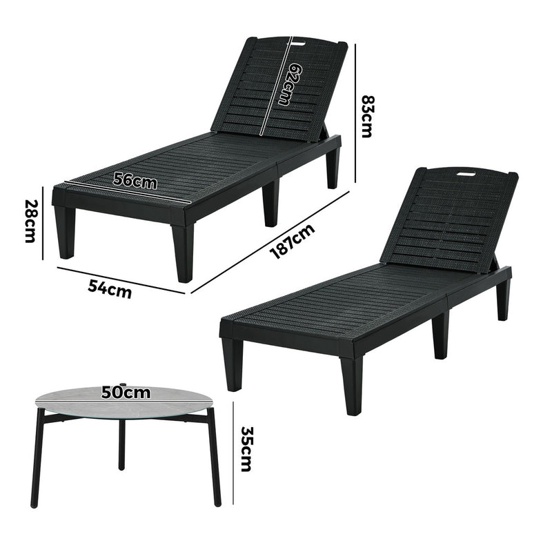Livsip 3PCS Sun Lounge & Table Set Outdoor Patio Furniture Black