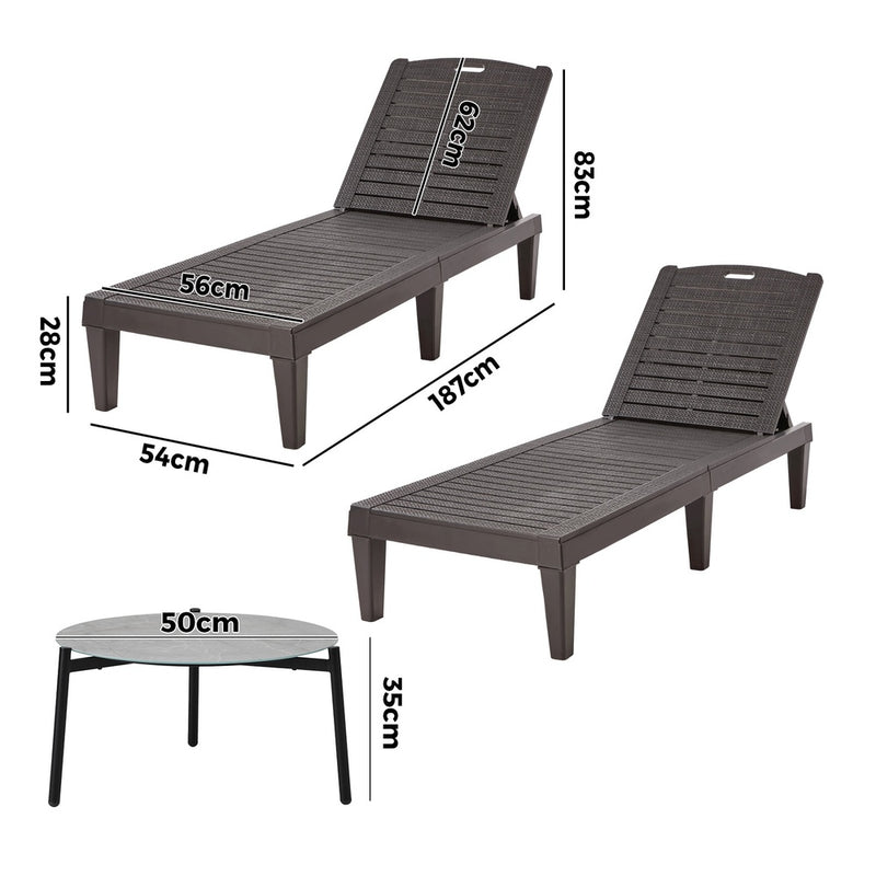 Livsip 3PCS Sun Lounge & Table Set Outdoor Patio Furniture Brown