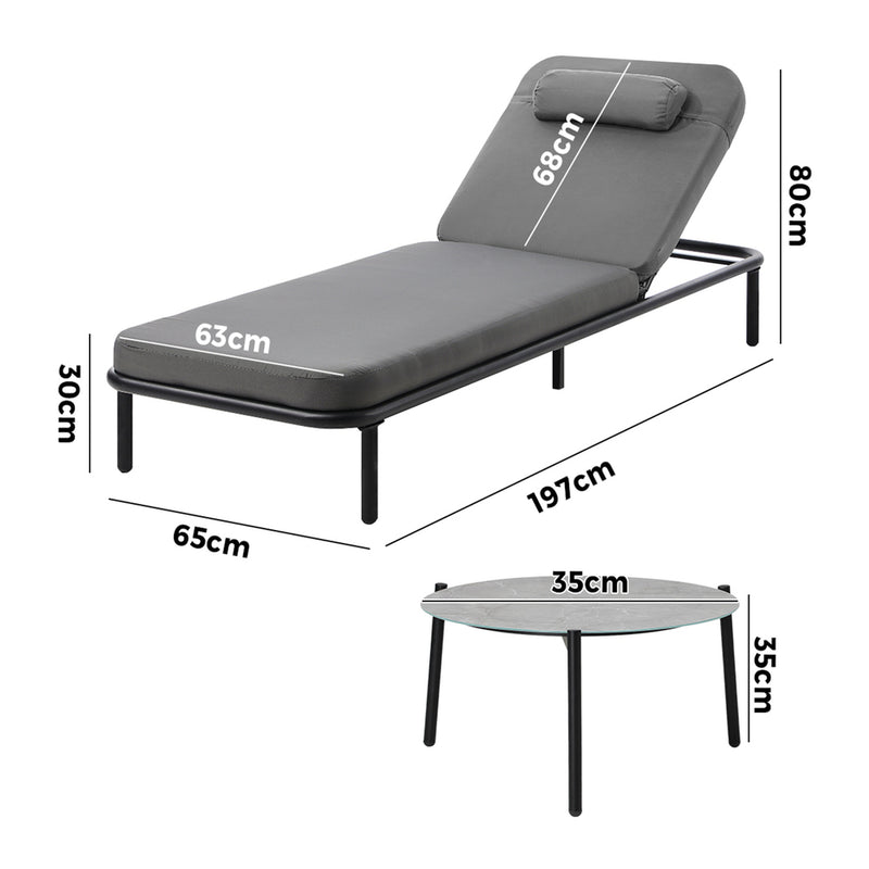 Livsip 3PCS Sun Lounge Outdoor Lounger Set Table Chairs Grey
