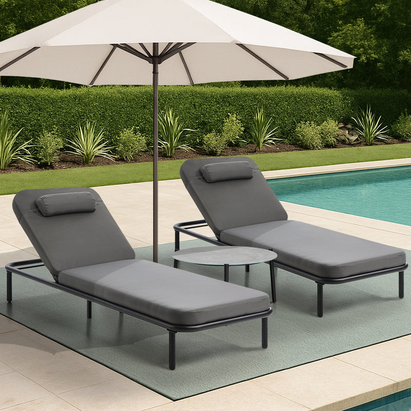 Livsip 3PCS Sun Lounge Outdoor Lounger Set Table Chairs Grey