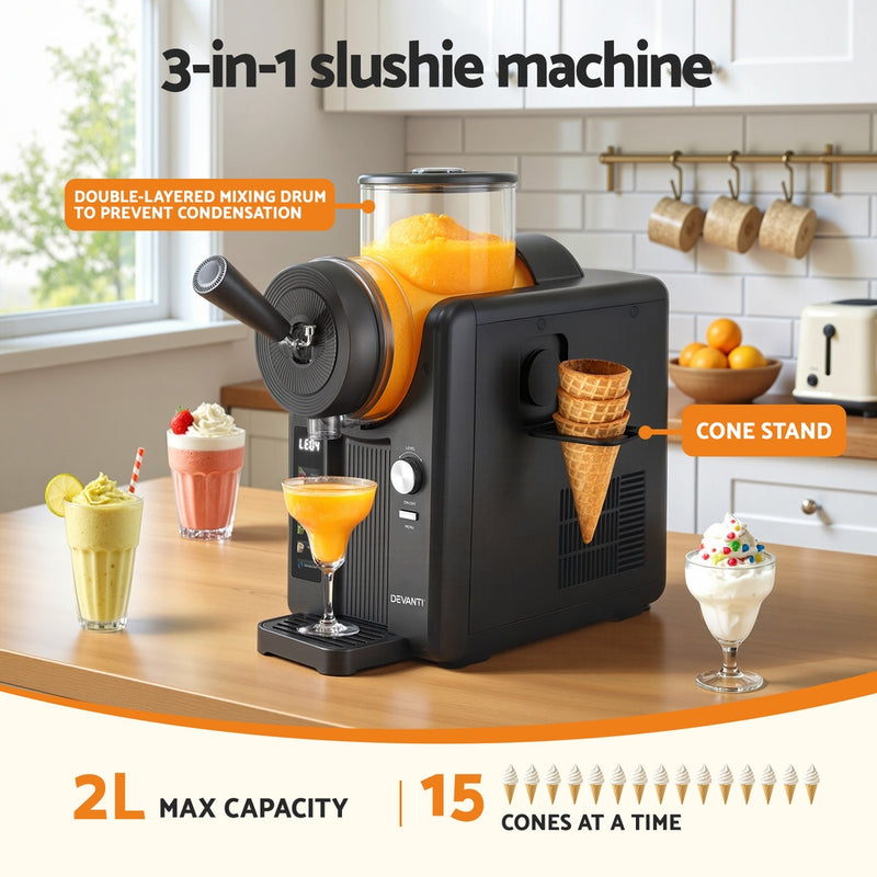 Devanti 2L Slushie Machine Ice Cream Maker Frozen Smoothies Milkshakes Black