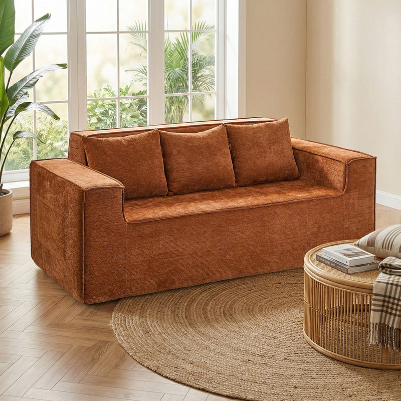 Oikiture Compressed Sofa Box Couch with Storage 195cm Chenille Brown
