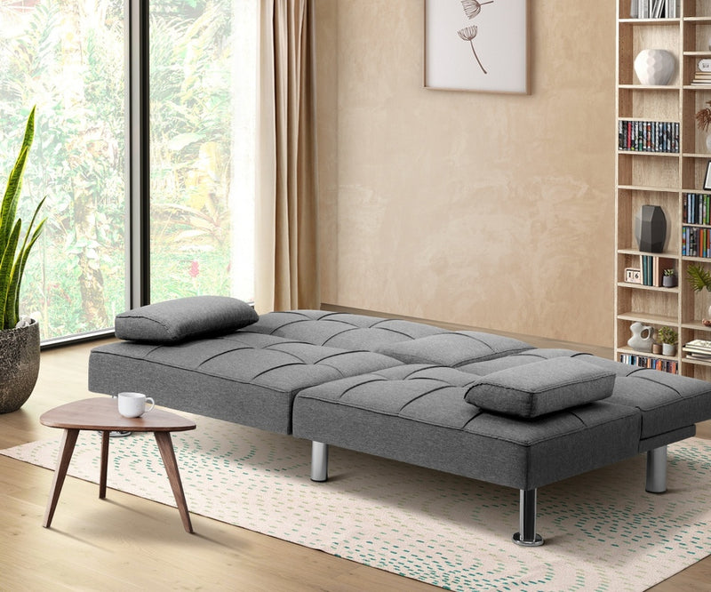 Oikiture 3 Seater Sofa Bed with Cup Holders Grey Fabric