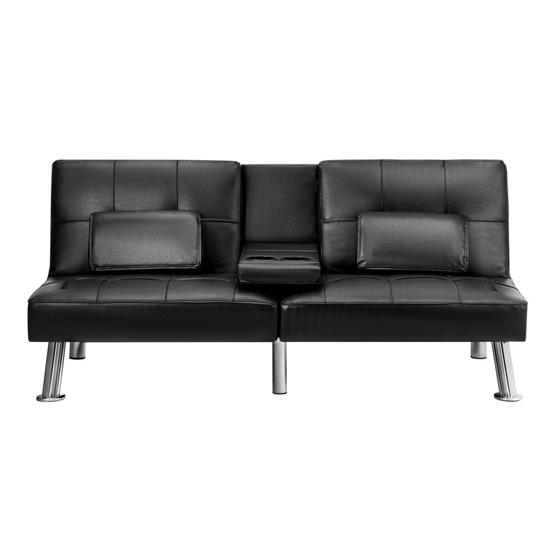 Oikiture 3-Seater Sofa Bed with Cup Holders Black Leather