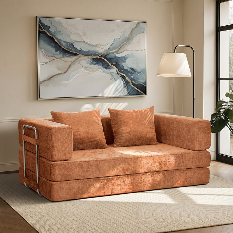 Oikiture Convertible Sofa Bed Chenille Sleeper Couch Burnt Orange