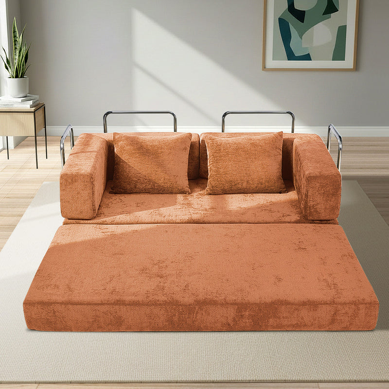 Oikiture Convertible Sofa Bed Chenille Sleeper Couch Burnt Orange