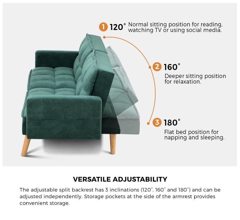 Oikiture Sofa Bed Velvet 3-Seater Green