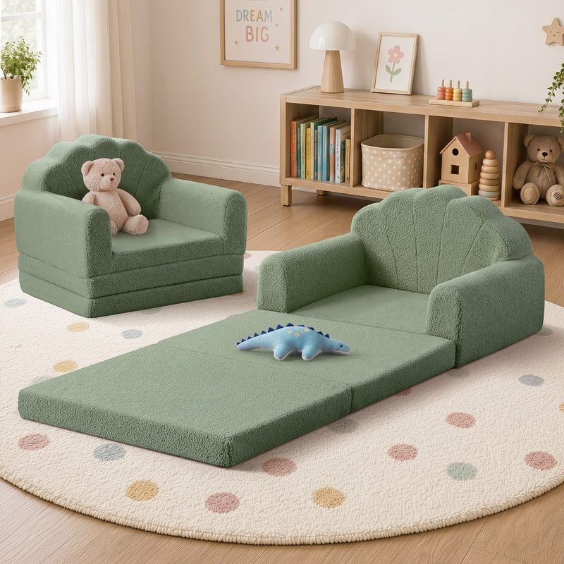 Oikiture Shell Kids Fold Out Sofa & Bed Sherpa Boucle Green