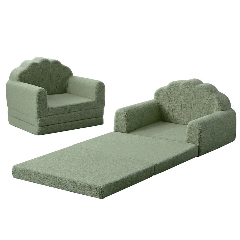 Oikiture Shell Kids Fold Out Sofa & Bed Sherpa Boucle Green