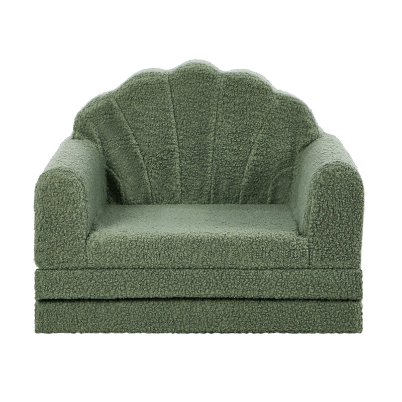 Oikiture Shell Kids Fold Out Sofa & Bed Sherpa Boucle Green
