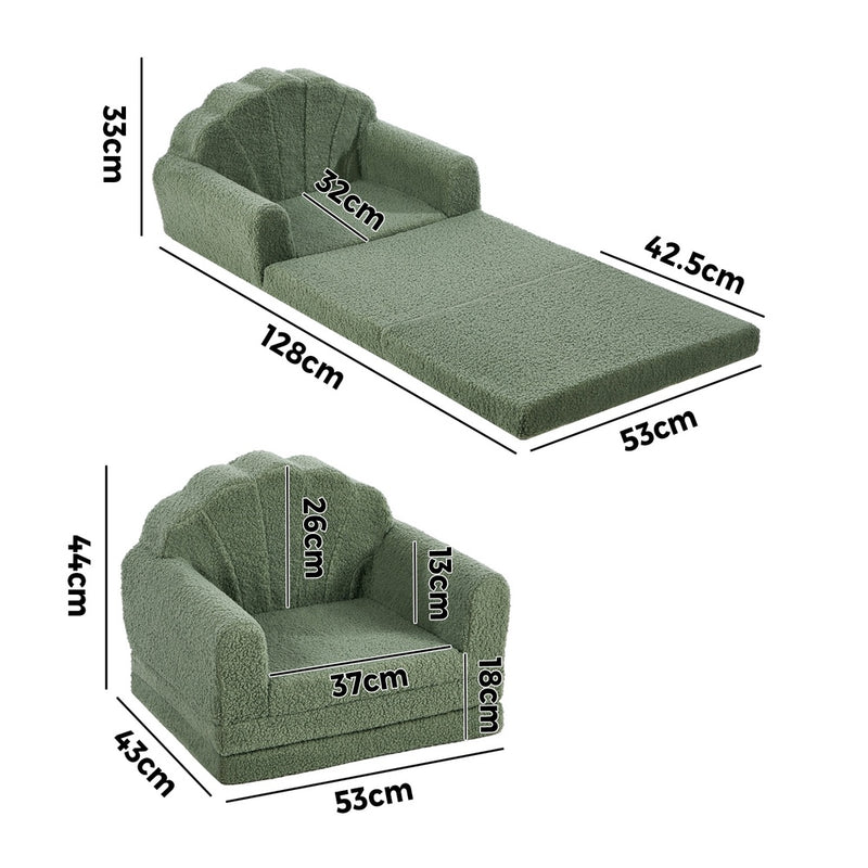 Oikiture Shell Kids Fold Out Sofa & Bed Sherpa Boucle Green