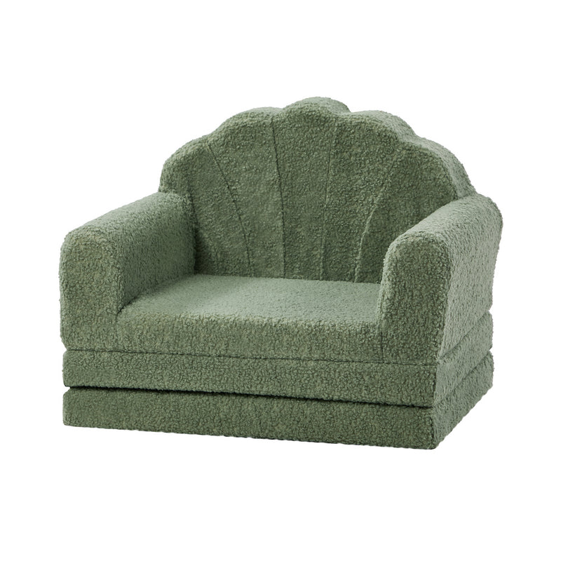 Oikiture Shell Kids Fold Out Sofa & Bed Sherpa Boucle Green