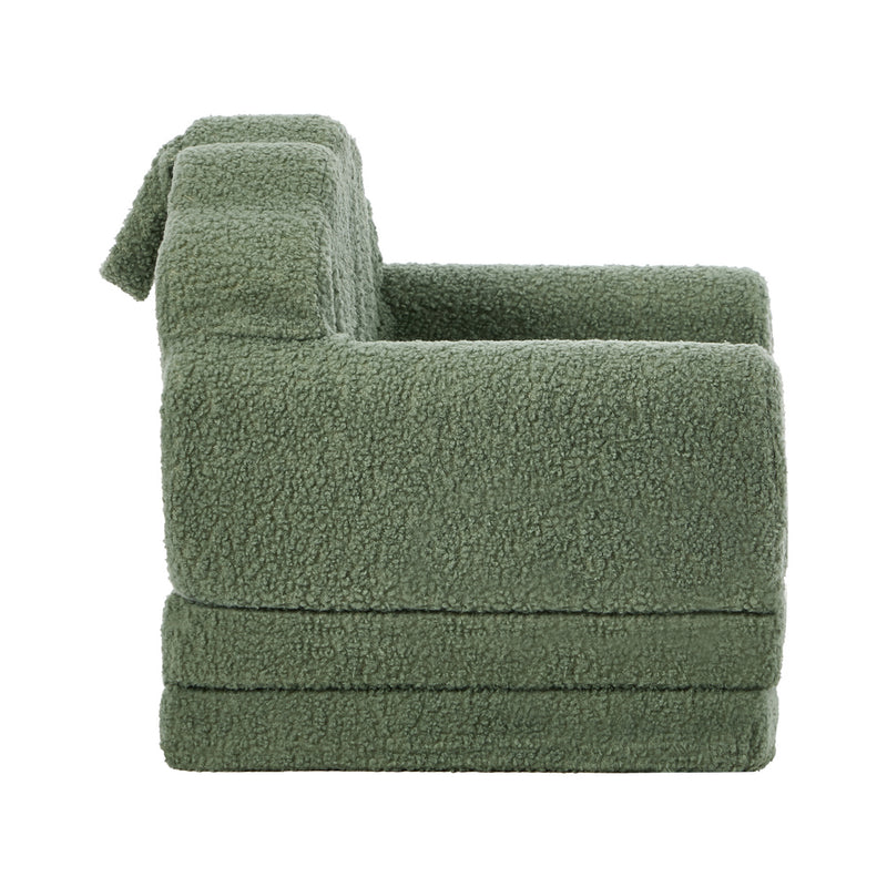 Oikiture Shell Kids Fold Out Sofa & Bed Sherpa Boucle Green