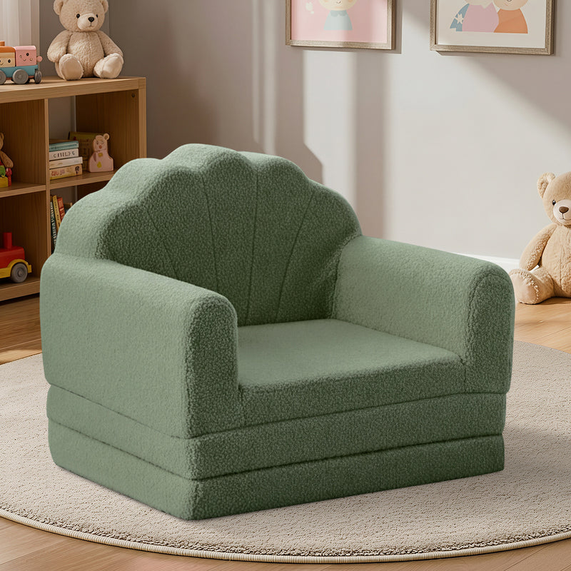 Oikiture Shell Kids Fold Out Sofa & Bed Sherpa Boucle Green